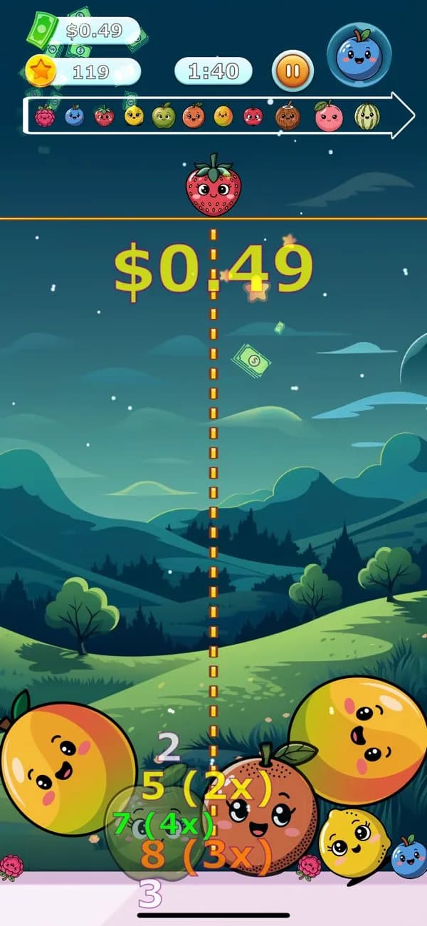 Melon Merge gameplay: smiling fruit dropping down a dotted lane over rolling hills