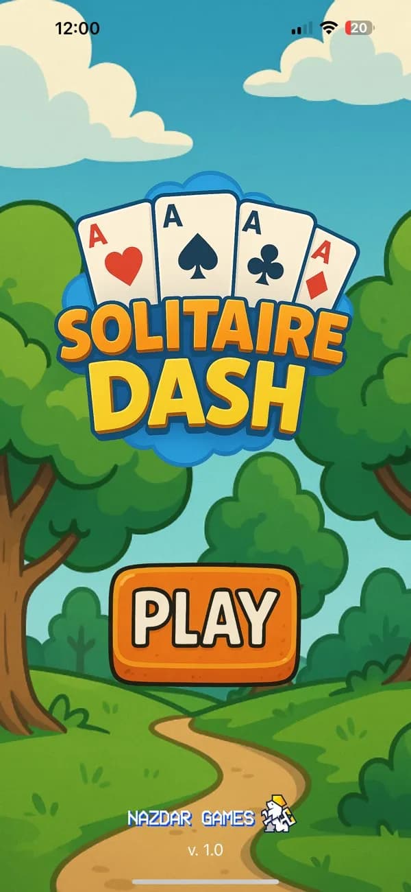 Solitaire Dash title screen: a fanned deck of aces over a cartoon forest path