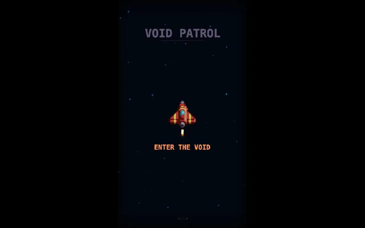 Void Patrol title screen: a pixel-art rocket idling in the void
