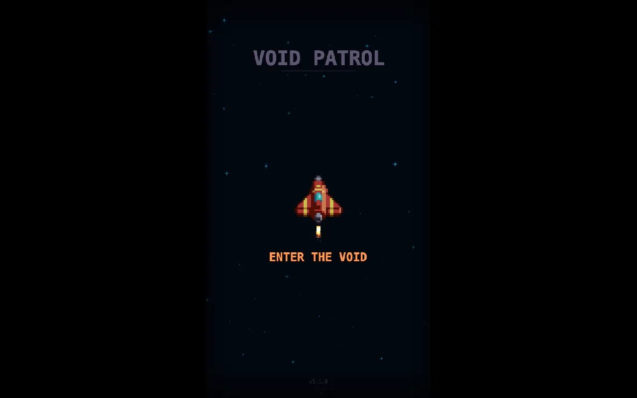 Void Patrol title screen: a pixel-art rocket idling in the void